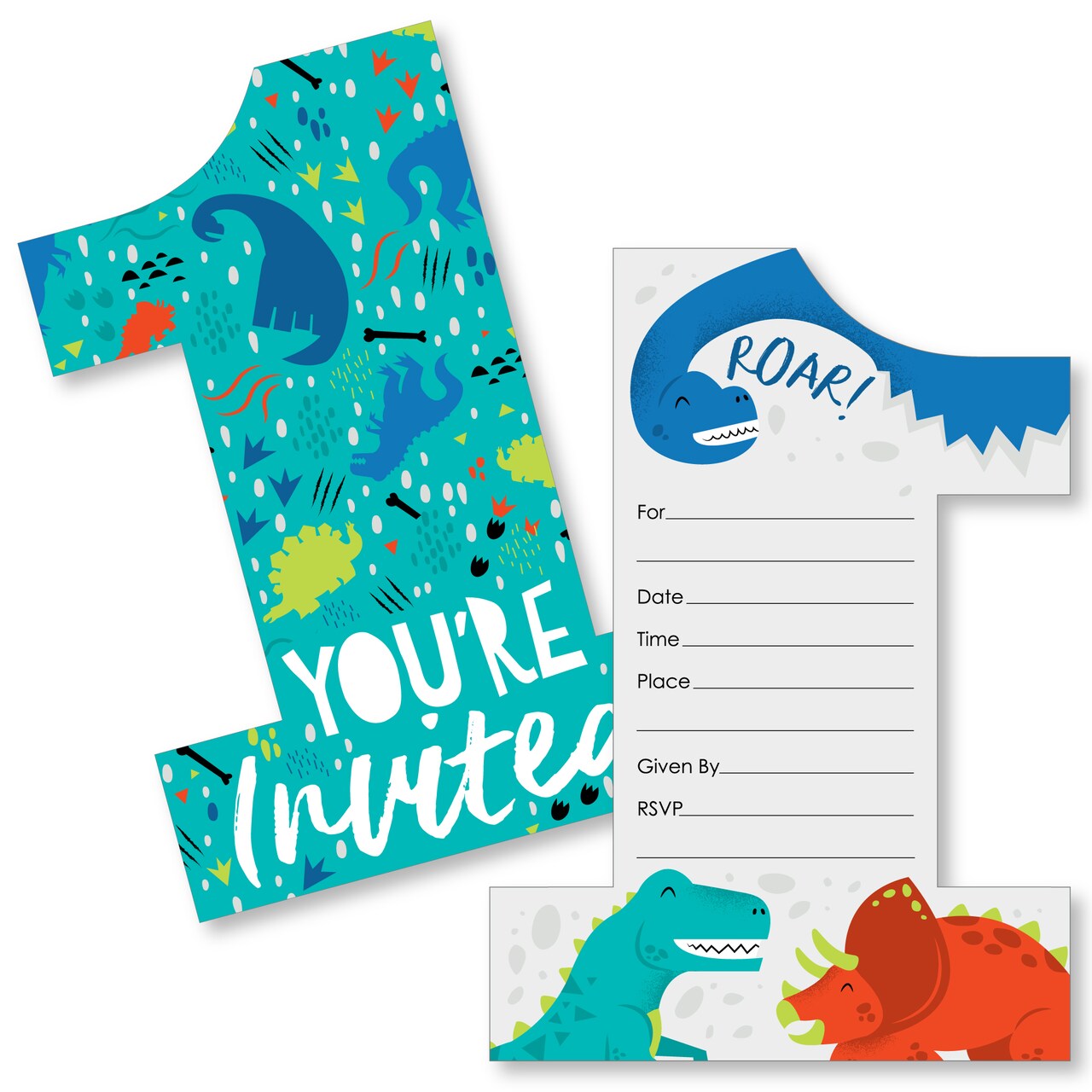 Big Dot of Happiness 1st Birthday Roar Dinosaur - Shaped Fill-In Invites ONEasaurus Dino First Birthday Party Invitation Cards with Envelopes - 12 Ct